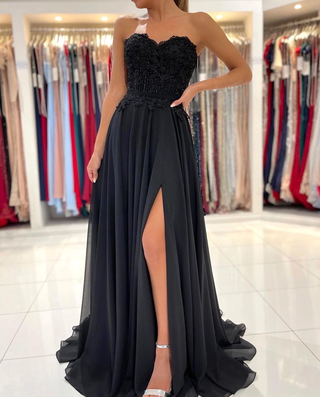 A-line Strapless Sleeveless Floor-length 100D Chiffon Formal Wear With Lace 3