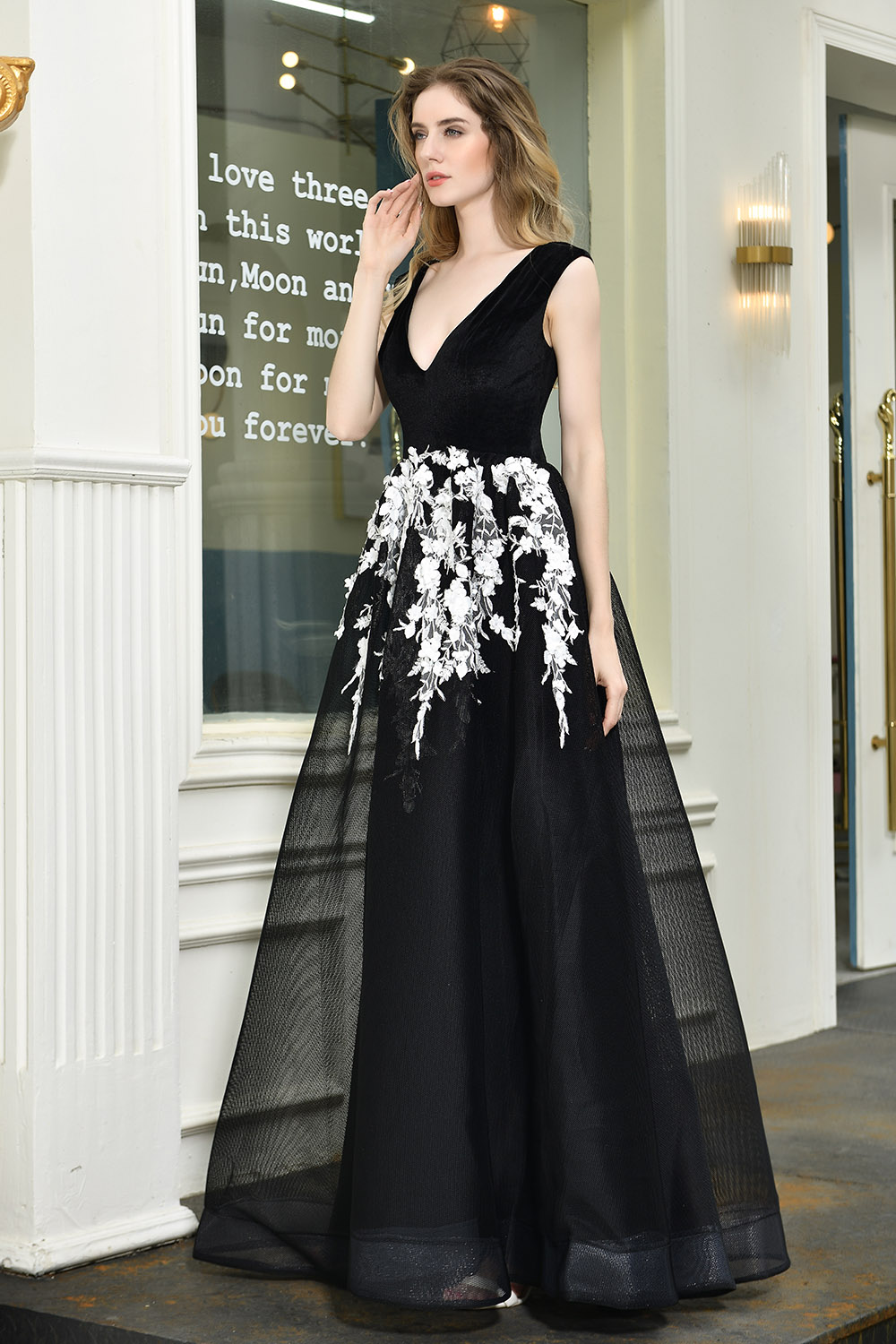 A-line Plunging Neckline Sleeveless Sweep / Brush Train Velvet Evening Dress With Lace 9