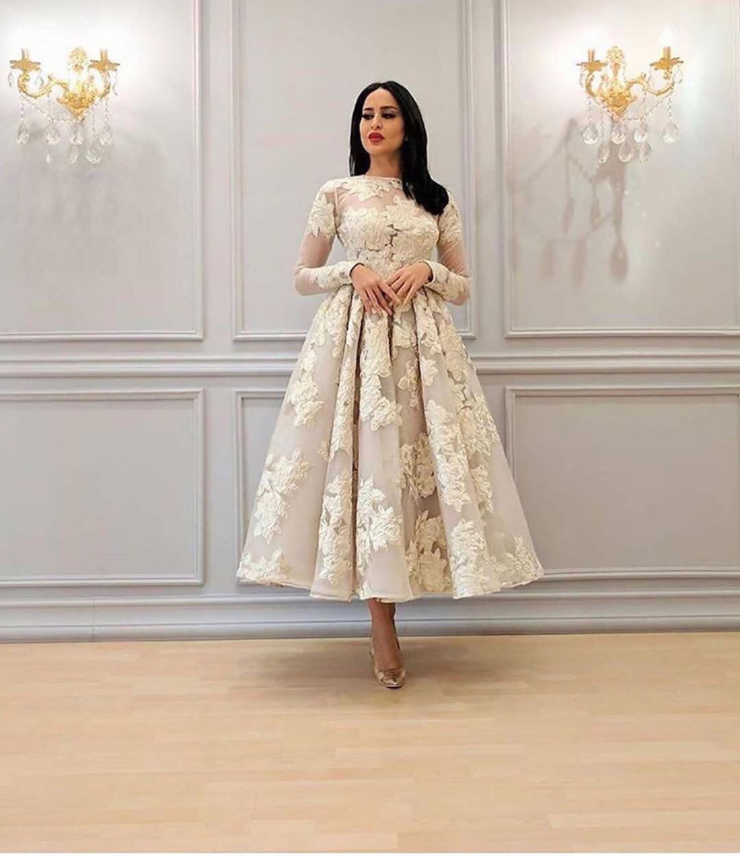 A-line High Neck Long Sleeves Tea-length Lace Party Dress With Lace 2