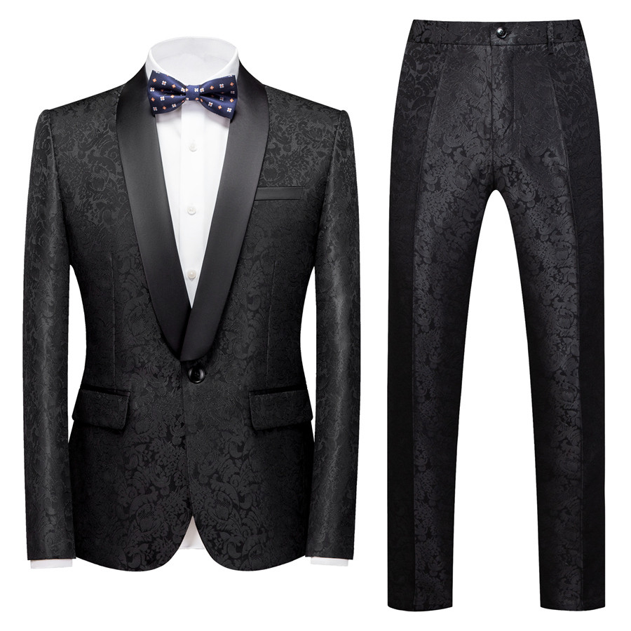 Black Jacquard  Shawl Lapel Wedding Suit 2