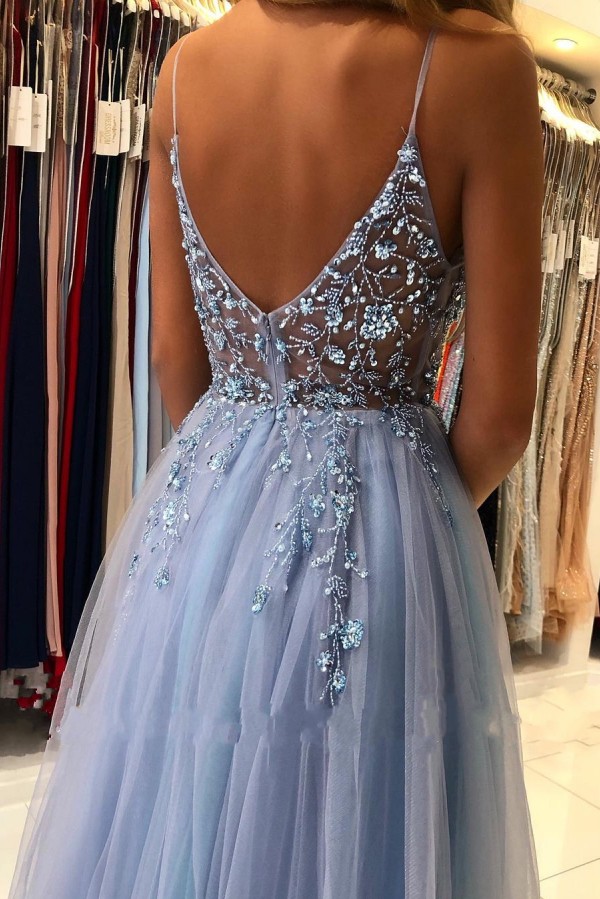 A-line Spaghetti Straps Sleeveless Floor-length Tulle Evening Dress With Ruffles 3