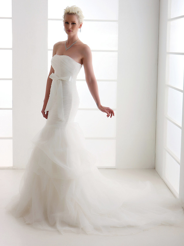 Mermaid Strapless Sleeveless Organza Wedding Gown With Court Train 6