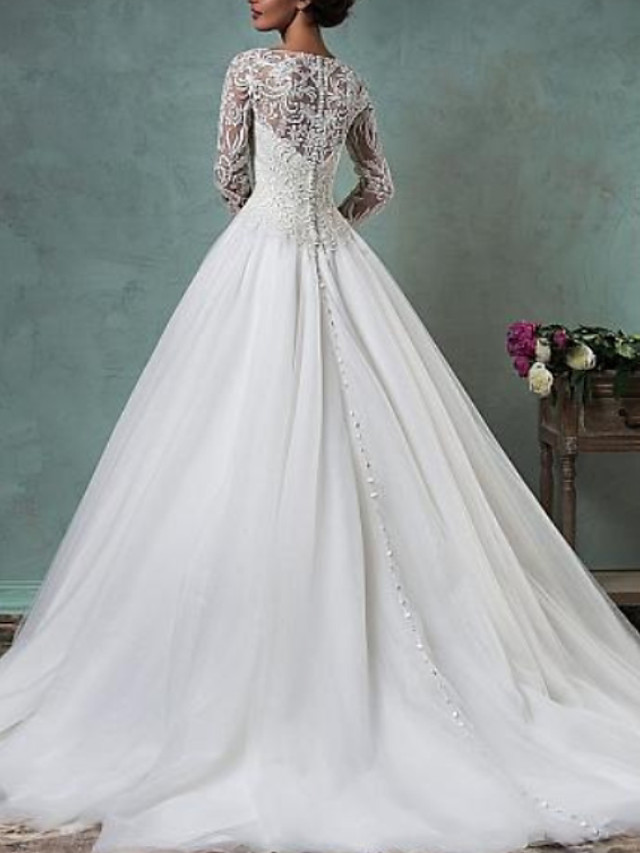 A-line Long Sleeves Sweep / Brush Train Lace Wedding Gown With Buttons 2