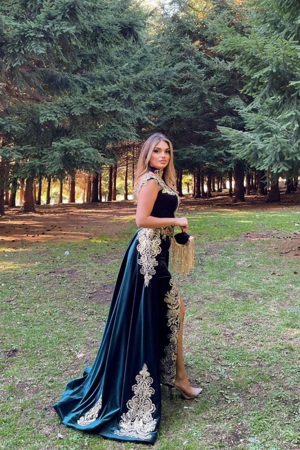 A-line High Neck Sleeveless Floor-length Velvet Evening Gown With Split Front 2