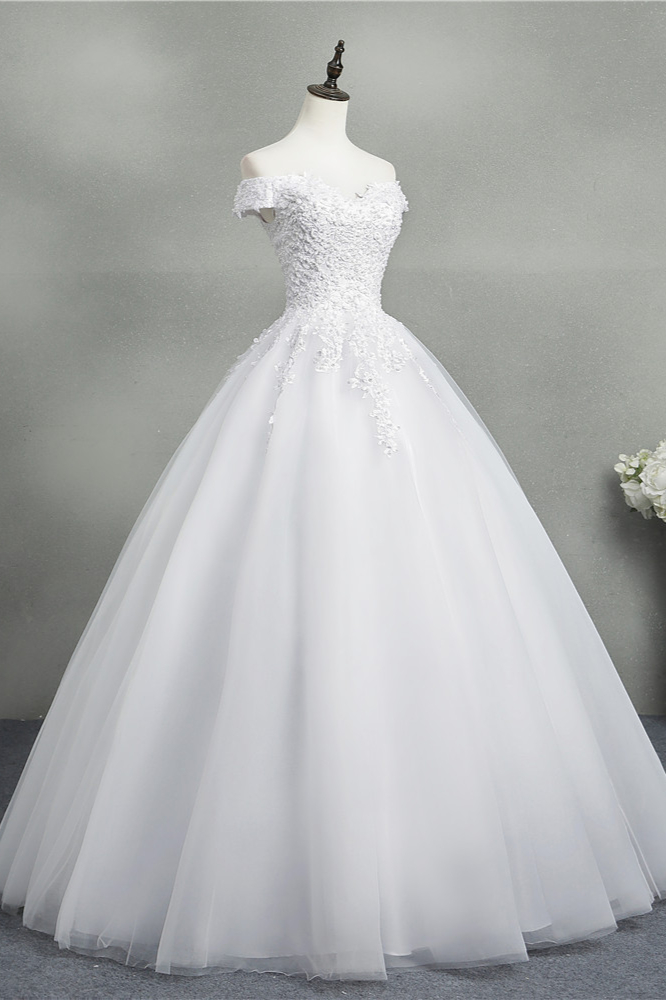 A-line Short Sleeves Floor-length Tulle Wedding Dress With Appliques 6