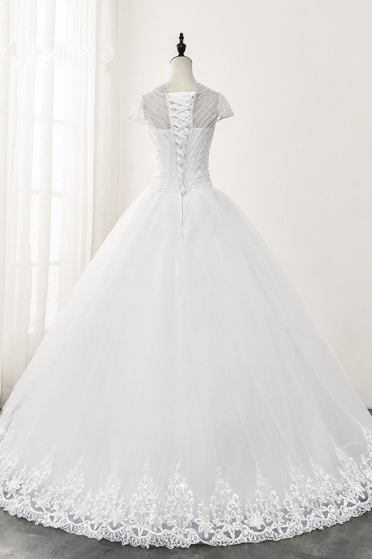 Ball Gown Jewel Neck Short Sleeves Floor-length Tulle Bridal Attire With Lace 2