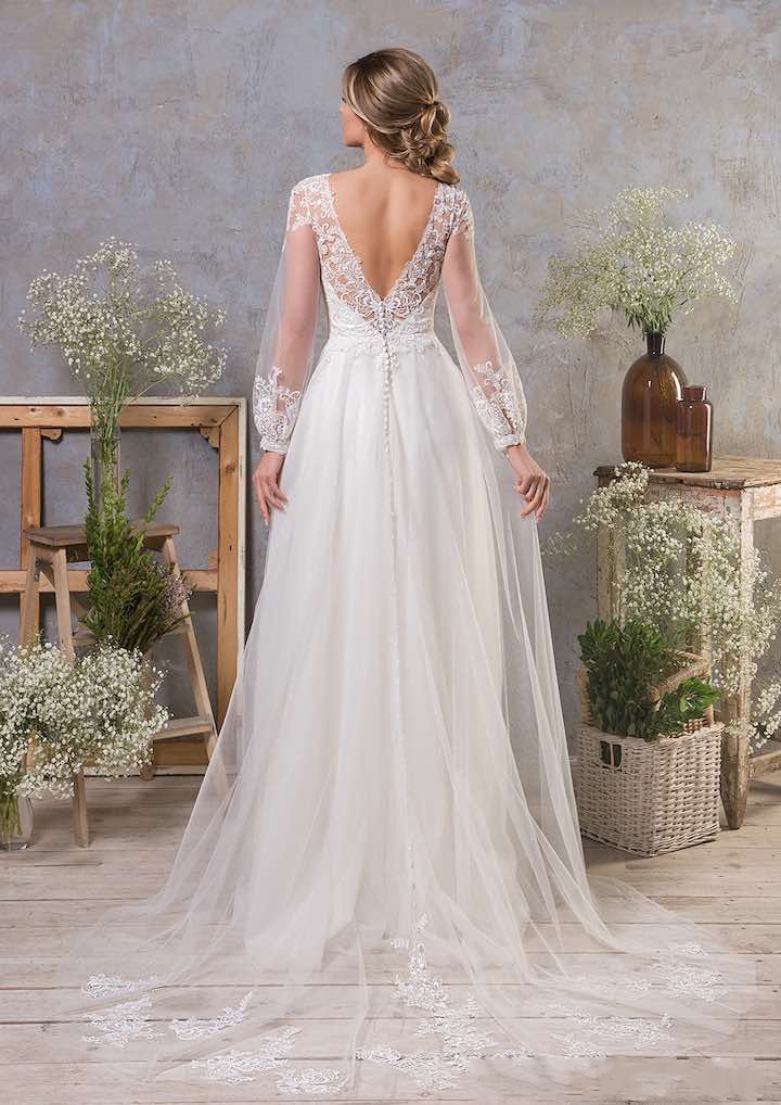 Column Jewel Neck Long Sleeves Sweep / Brush Train Tulle Wedding Gown With Pearls 2