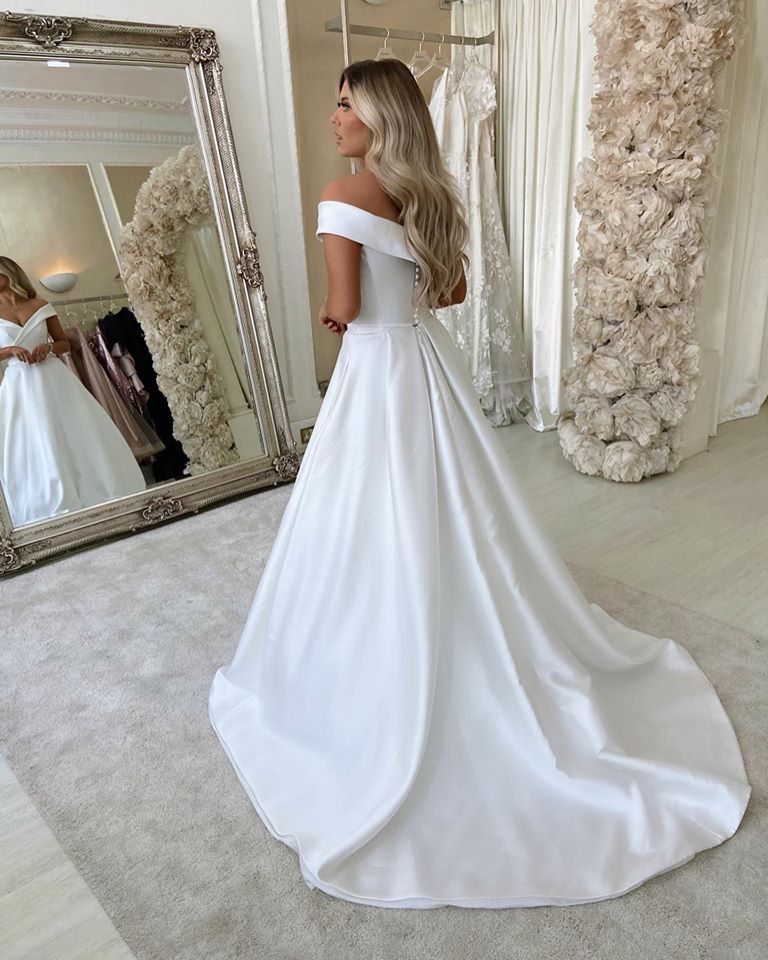 A-line Off-the-shoulder Long Sleeves Sweep / Brush Train Satin Wedding Dress With Ruffles 3