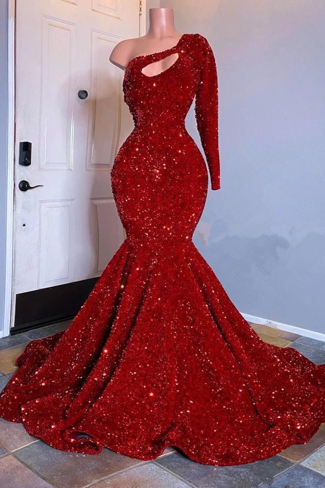 Mermaid One Shoulder Long Sleeves Floor-length Evening Dress With Ruffles 2