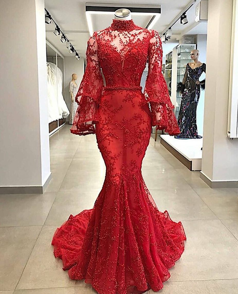 Mermaid High Neck Long Sleeves Chapel Train Evening Dress With Appliques 2