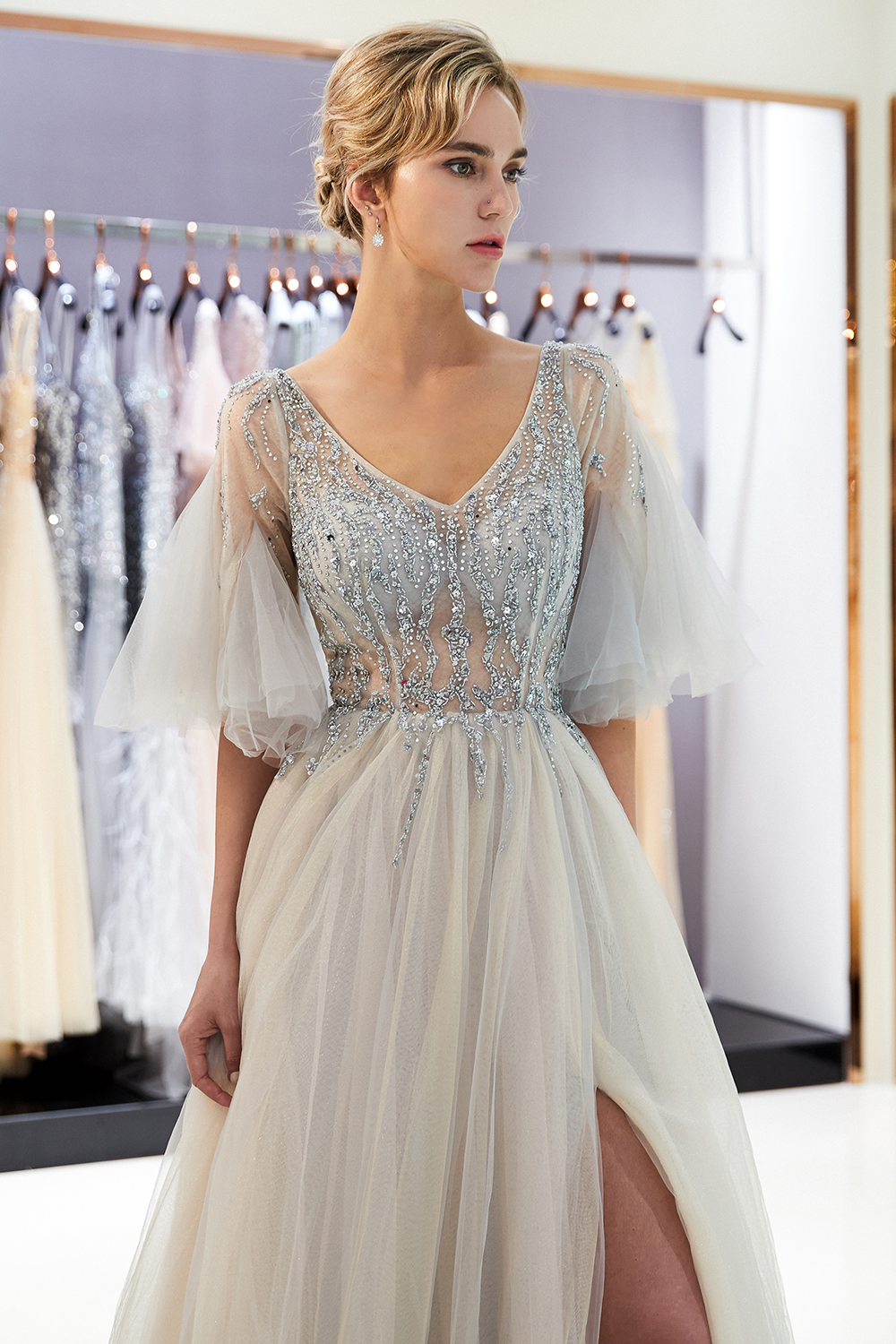 A-line V-neck Half-Sleeves Court Train Tulle Evening Gown With Beading 11