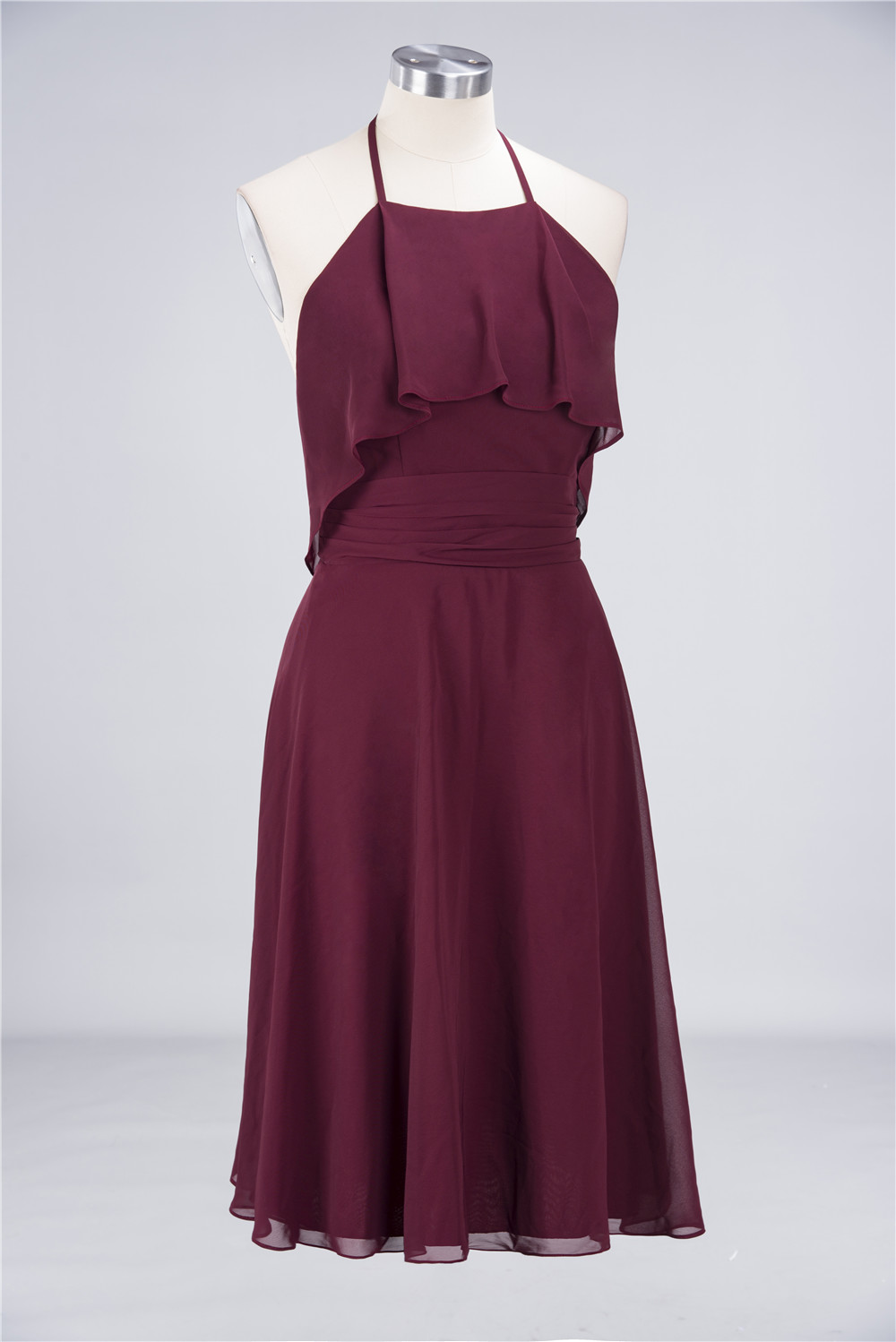 A-line Halter-neck Sleeveless Knee-length 100D Chiffon Bridesmaid Dress With Ruffles 3