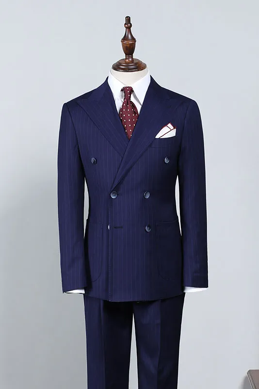 Navy Blue Striped Slim Fit Business Suit 1