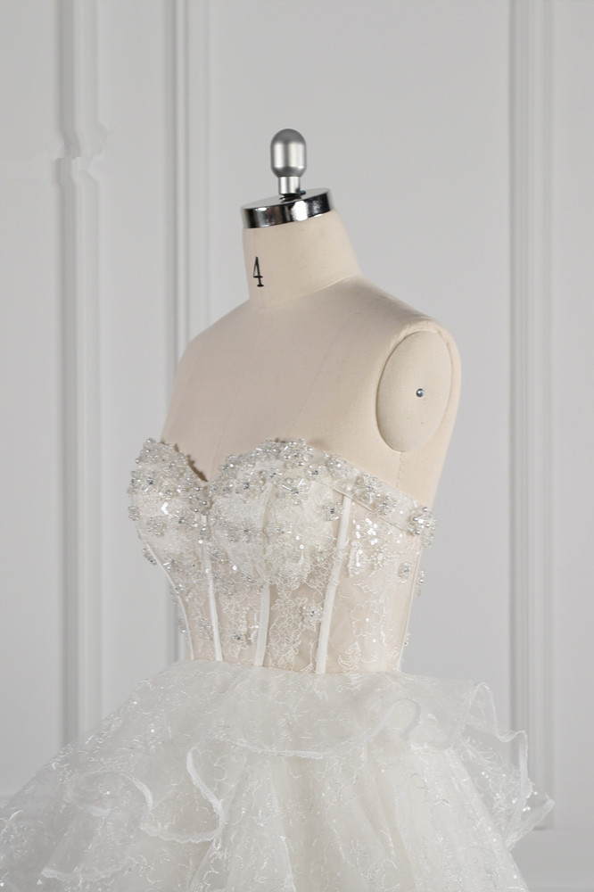 Ball Gown Strapless Sweetheart Neck Sleeveless Floor-length Tulle Wedding Dress With Lace 5