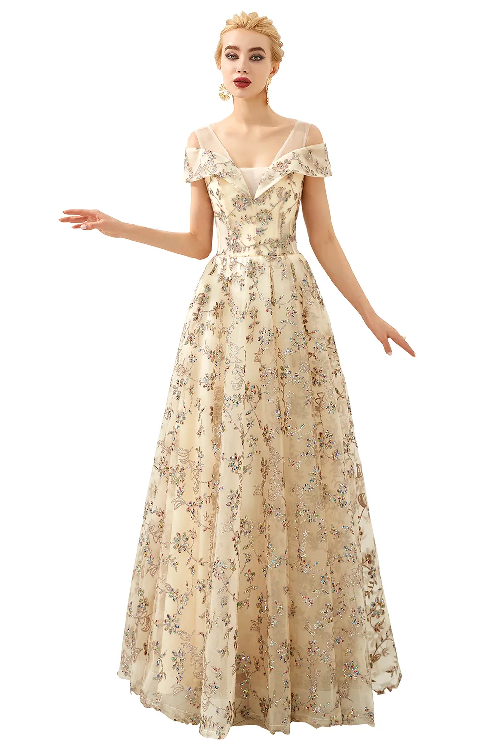 A-line V-neck Cap Sleeves Sweep / Brush Train Tulle Evening Dress With Sequins 3