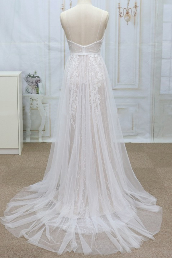 A-line V-neck Sleeveless Chapel Train Lace Bridal Attire With Appliques 2