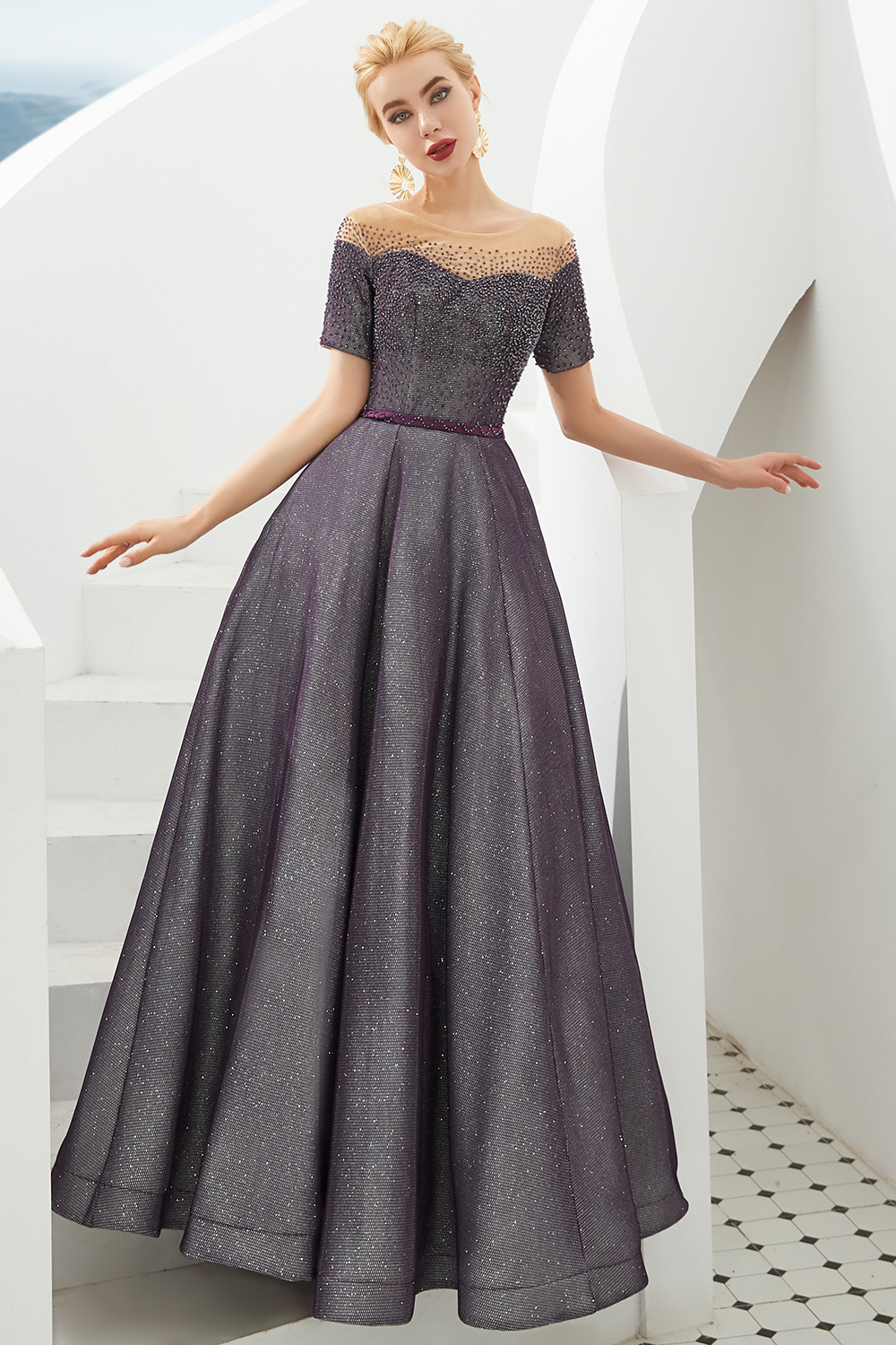 A-line Jewel Neck Short Sleeves Sweep / Brush Train Bright silk Evening Gown With Rhinestone 6