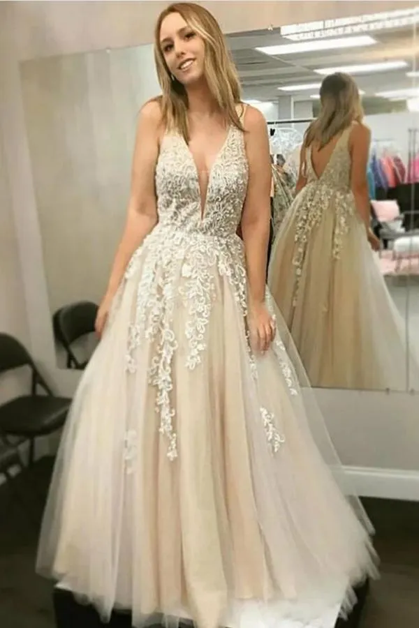 A-line Plunging Neckline Sleeveless Floor-length Tulle Bridal Dress With Lace 1