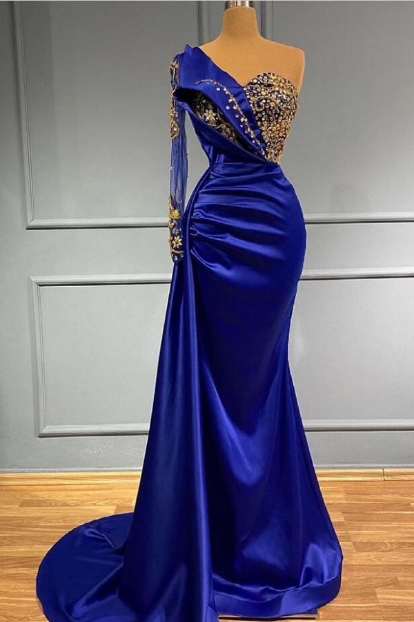 Mermaid One Shoulder Sleeveless Floor-length Stretch Satin Evening Gown With Lace 1