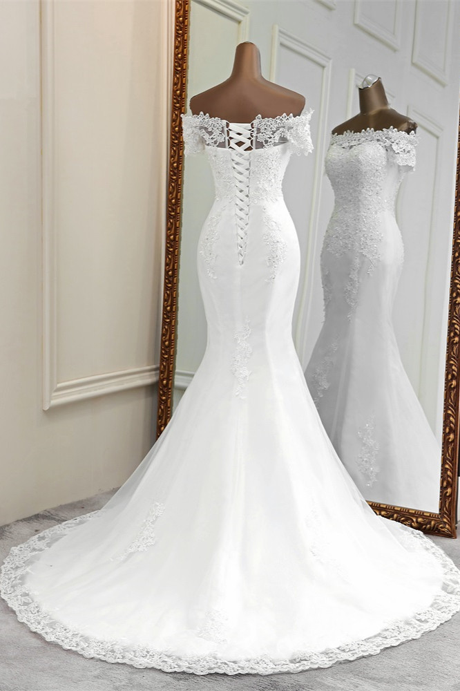 Mermaid Bateau Neck Short Sleeves Floor-length Tulle Wedding Dress With Appliques 2