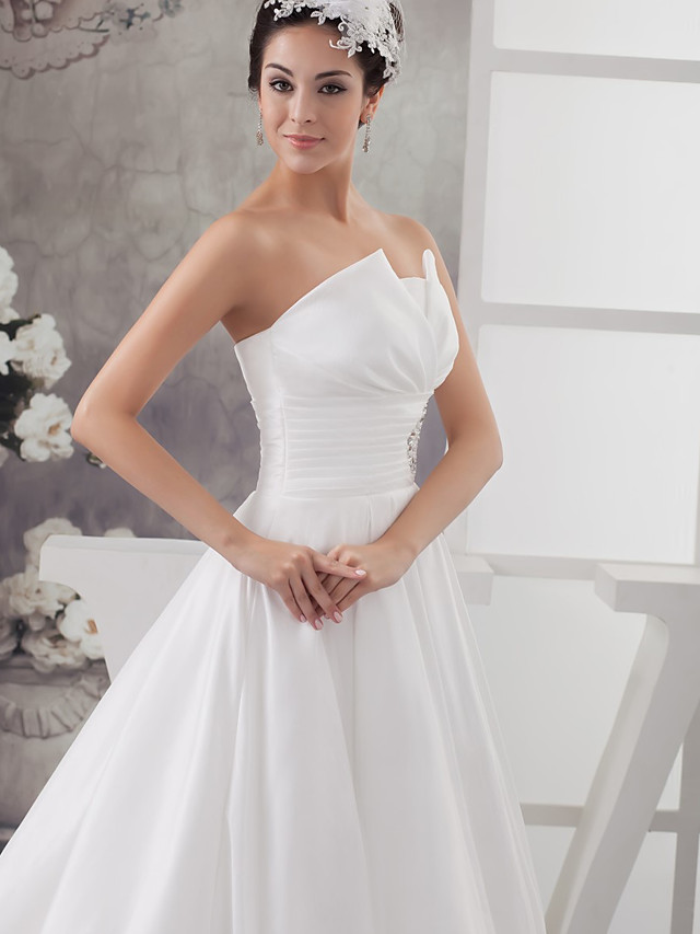A-line Strapless Sleeveless Chapel Train Tulle Bridal Gown With Beading 4