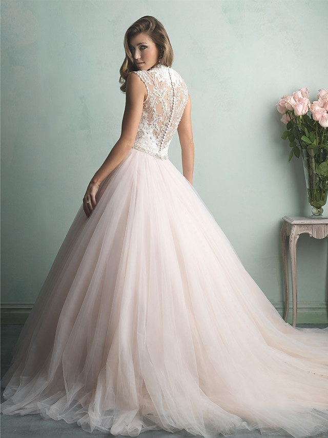 A-line Straps V-neck Sweep / Brush Train Tulle Bridal Gown With Buttons 2
