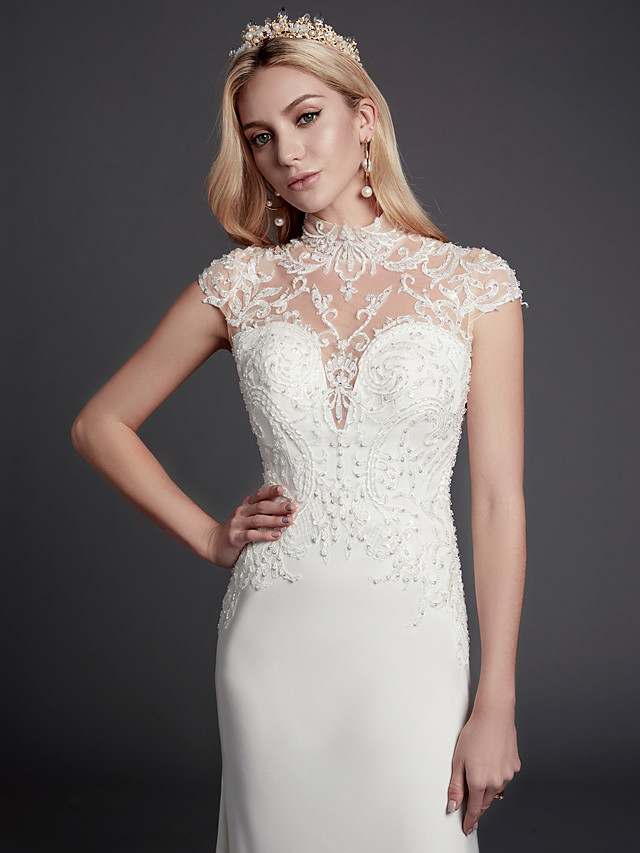 Mermaid Sleeveless Court Train Lace Bridal Gown With Beading 6