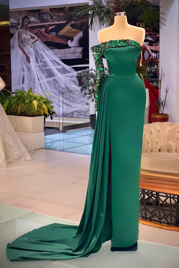 Column One Shoulder Long Sleeves Floor-length Stretch Satin Evening Dress With Crystal 3