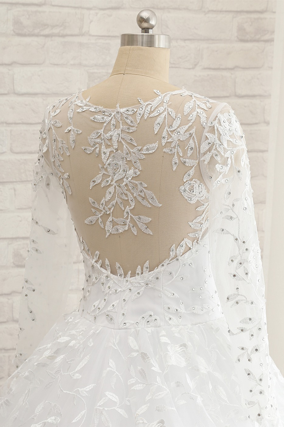 A-line Jewel Neck Long Sleeves Floor-length Tulle Bridal Dress With Appliques 4