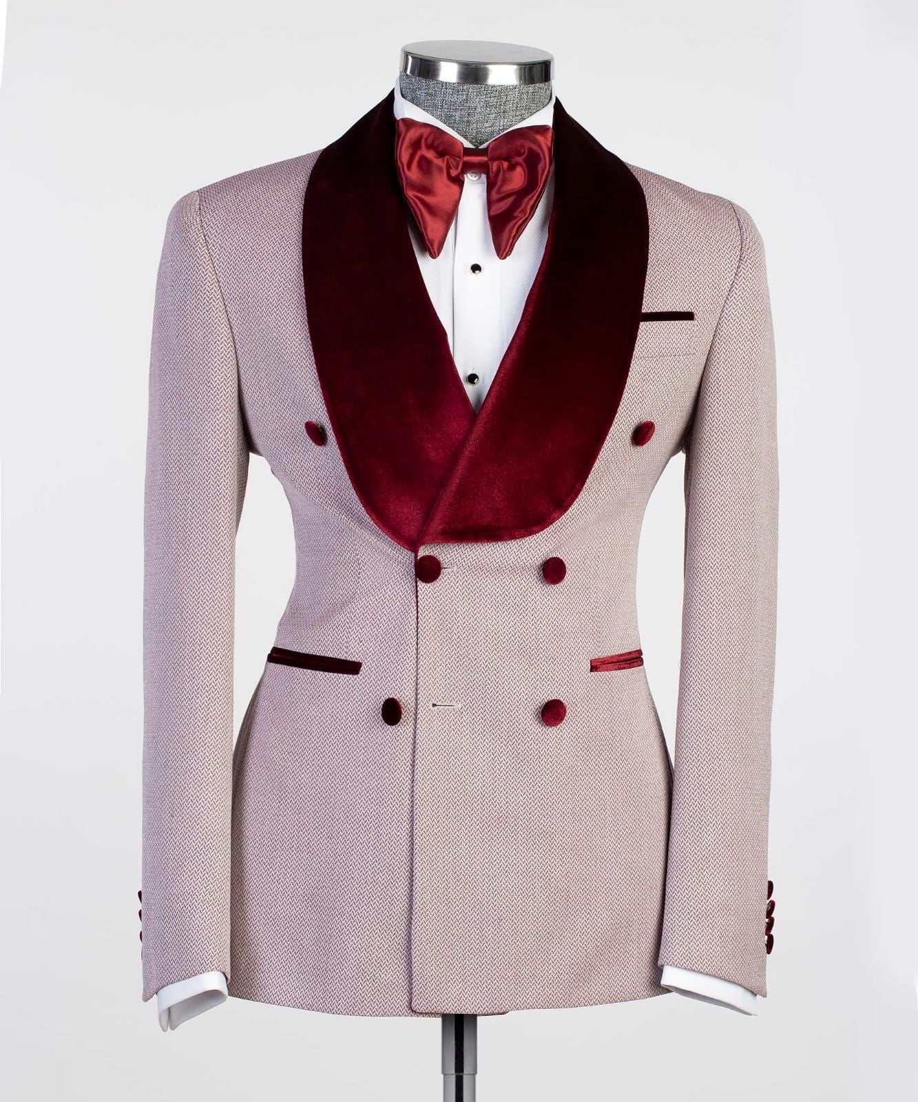 Burgundy Double Breasted  Prom Men Suit with Shawl Lapel 3