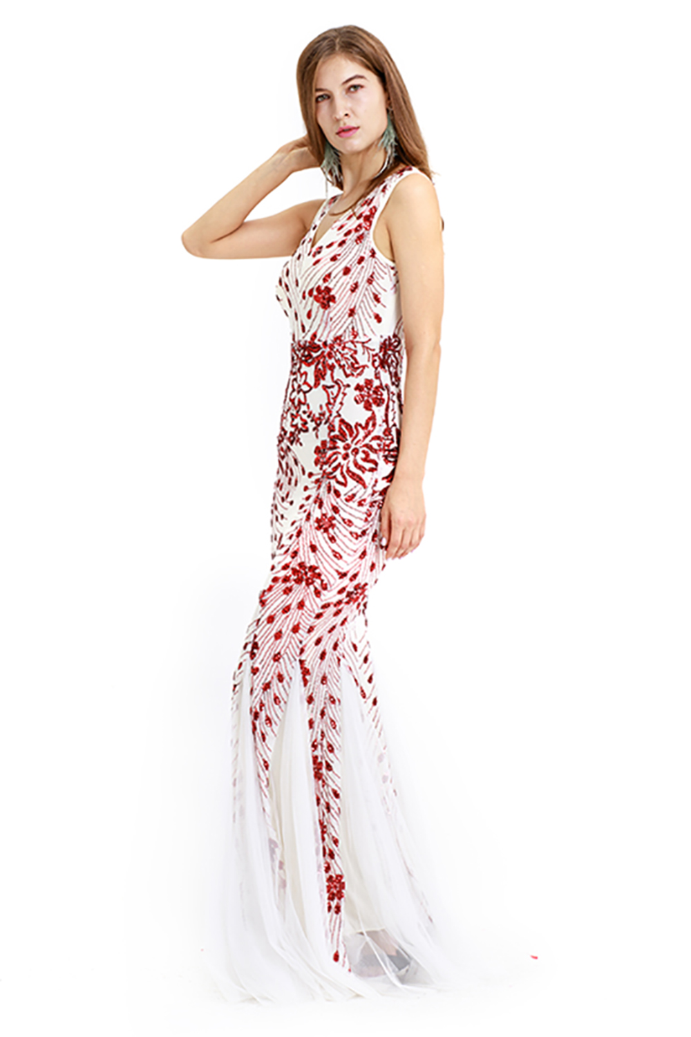 Deep V-neck Mermaid Evening Dress with Ruby Beads 4