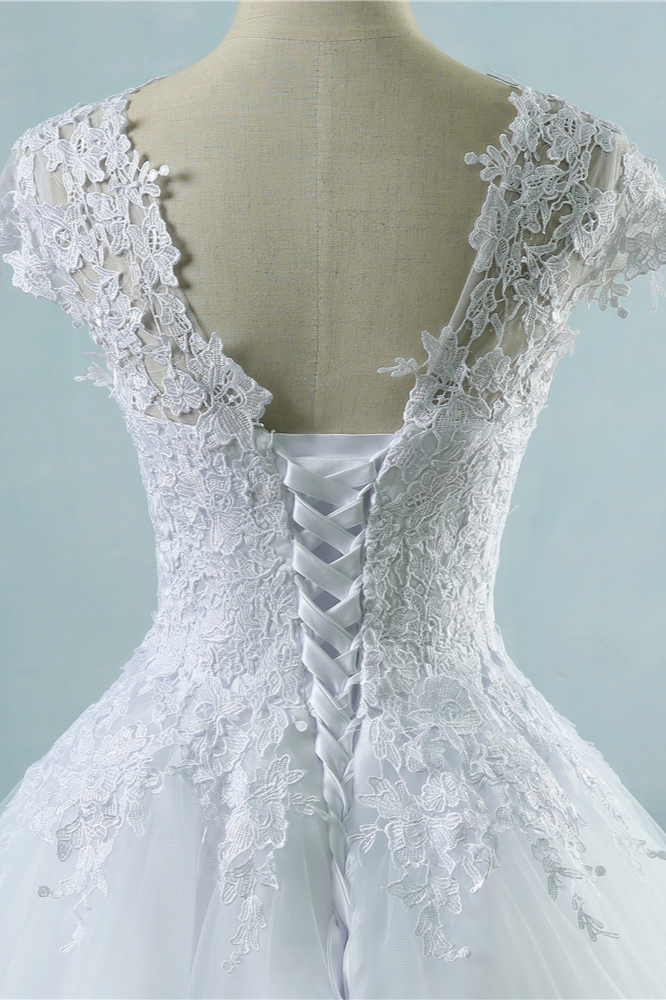 A-line V-neck Short Sleeves Floor-length Tulle Bridal Gown With Appliques 4
