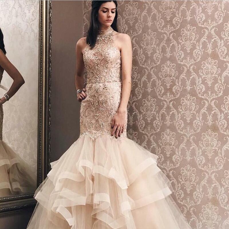Mermaid High Neck Sleeveless Tulle Formal Dress With Beading 2
