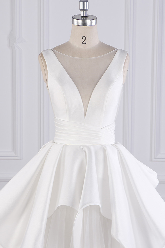 A-line Jewel Neck Sleeveless Floor-length Tulle Wedding Gown With Ruffles 4
