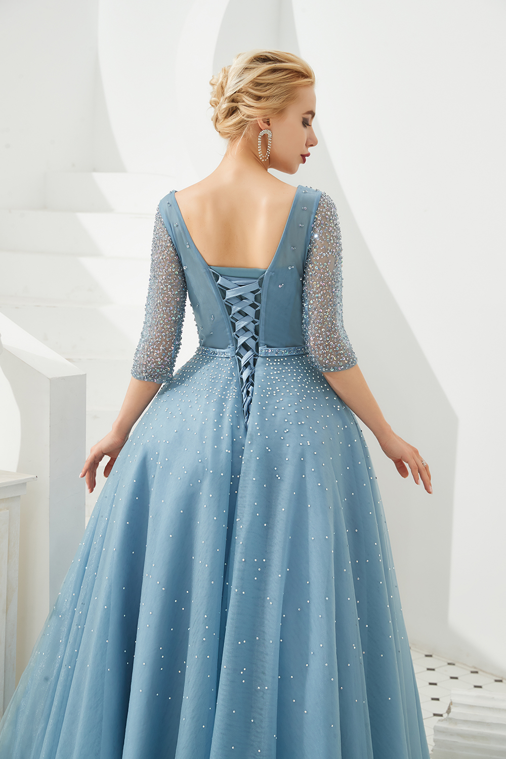 V-neck Half-Sleeves Sweep / Brush Train Tulle Formal Wear With Sequins 9
