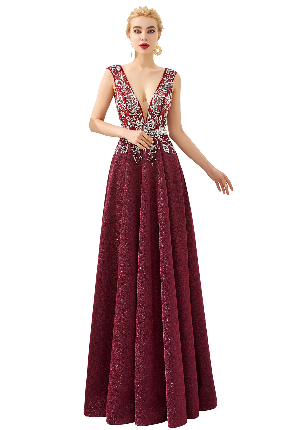 A-line V-neck Sleeveless Sweep / Brush Train Evening Gown With Crystal Floral Pin 3