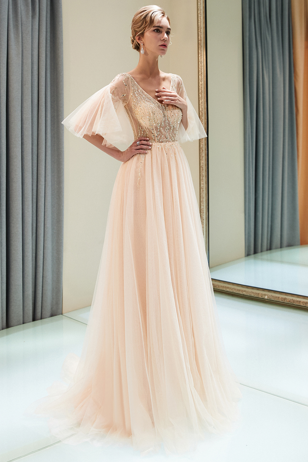 A-line V-neck Half-Sleeves Court Train Tulle Evening Gown With Beading 3