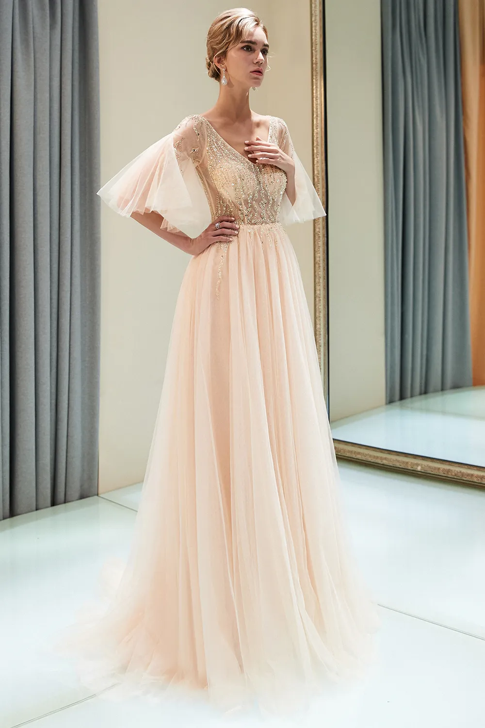 A-line V-neck Half-Sleeves Court Train Tulle Evening Gown With Beading 3