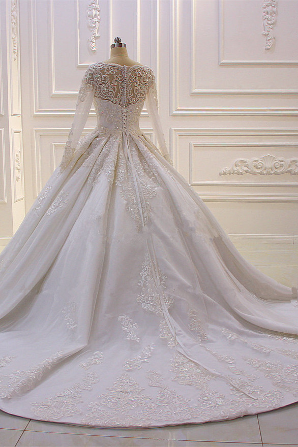 Ball Gown Sweetheart Neck Long Sleeves Floor-length Satin Bridal Attire With Lace 2