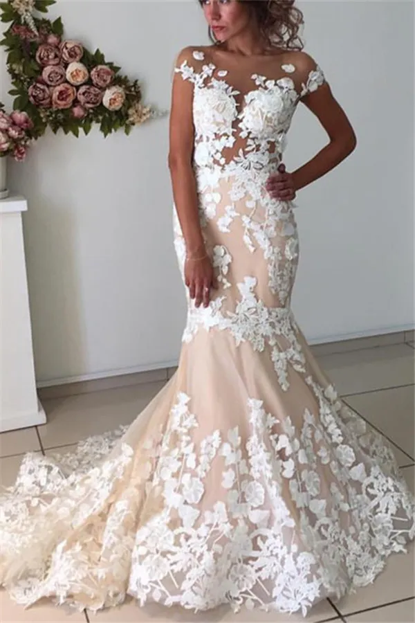 A-line V-neck Cap Sleeves Sweep / Brush Train Tulle Bridal Gown With Flower(s) 1