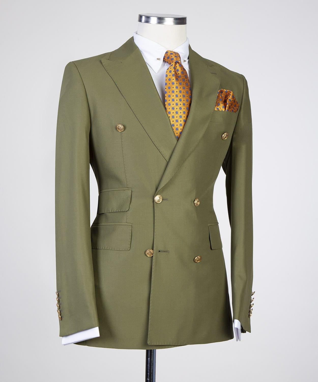 Olive Green Close Fitting Double Breasted Prom Men Suit with Peaked Lapel 2