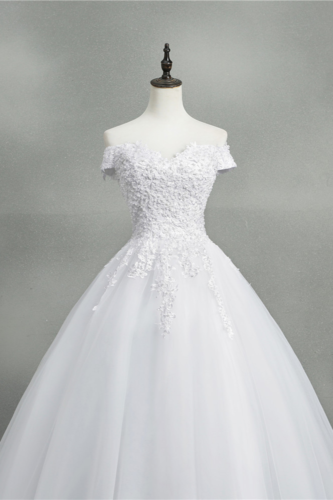 A-line Short Sleeves Floor-length Tulle Wedding Dress With Appliques 7