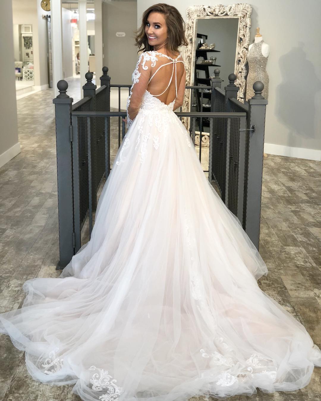 A-line Sweep / Brush Train Wedding Gown With Appliques 2