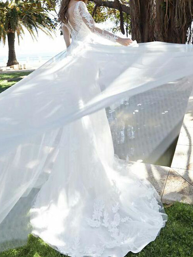 A-line Long Sleeves Court Train Lace Bridal Gown With Buttons 2