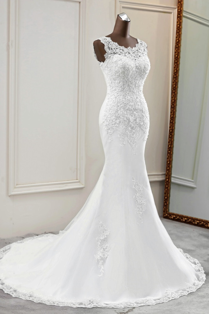 Mermaid Jewel Neck Sleeveless Floor-length Tulle Bridal Gown With Beading 3