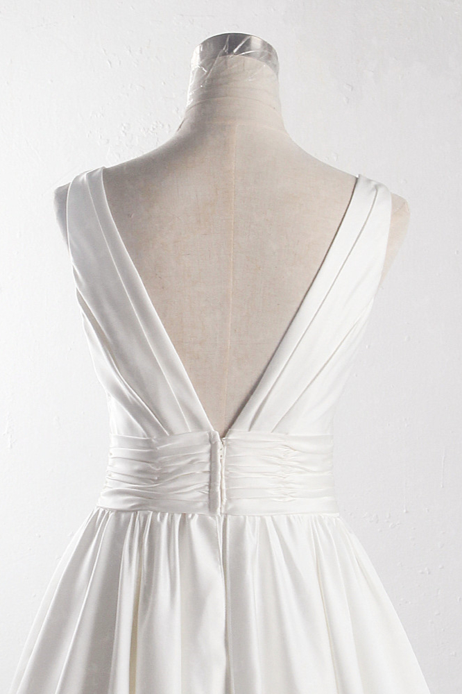 A-line V-neck Sleeveless Floor-length Satin Bridal Attire With Ruffles 5