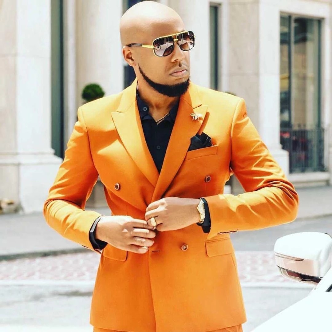 Orange Double Breasted Men's Suit with Peaked Lapel for Prom 2