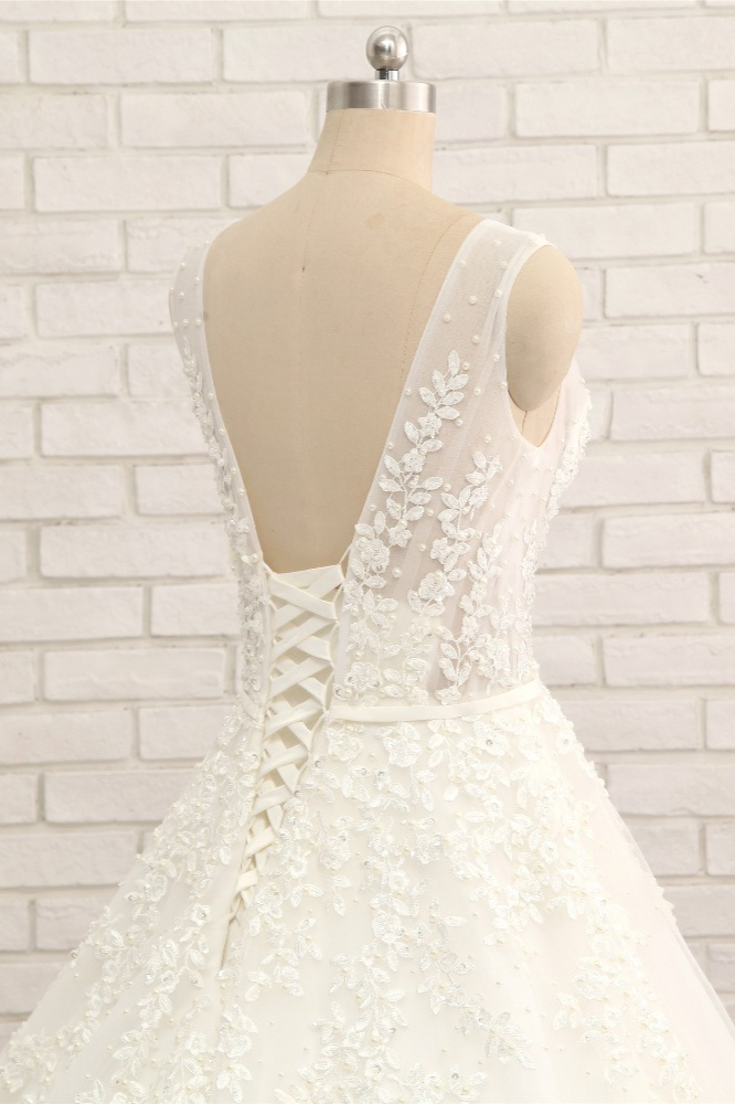 A-line Straps Sleeveless Floor-length Tulle Wedding Dress With Appliques 5