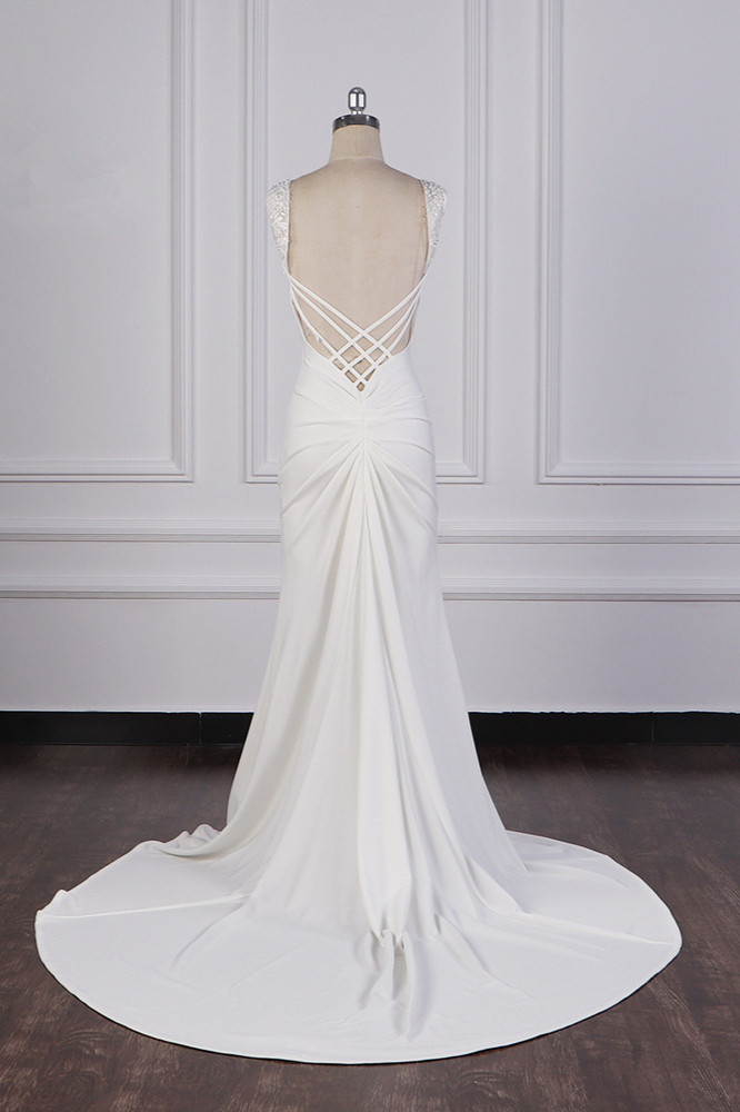 Mermaid Jewel Neck Sleeveless Floor-length 100D Chiffon Wedding Dress With Sequins 3