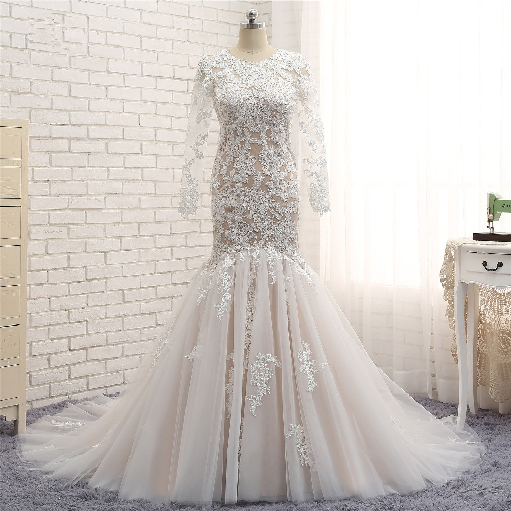 Mermaid Jewel Neck Long Sleeves Floor-length Tulle Bridal Gown With Appliques 5